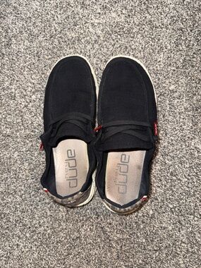 Hey Dude women’s Black Slip-On Loafers with Red and cheetah print Accents